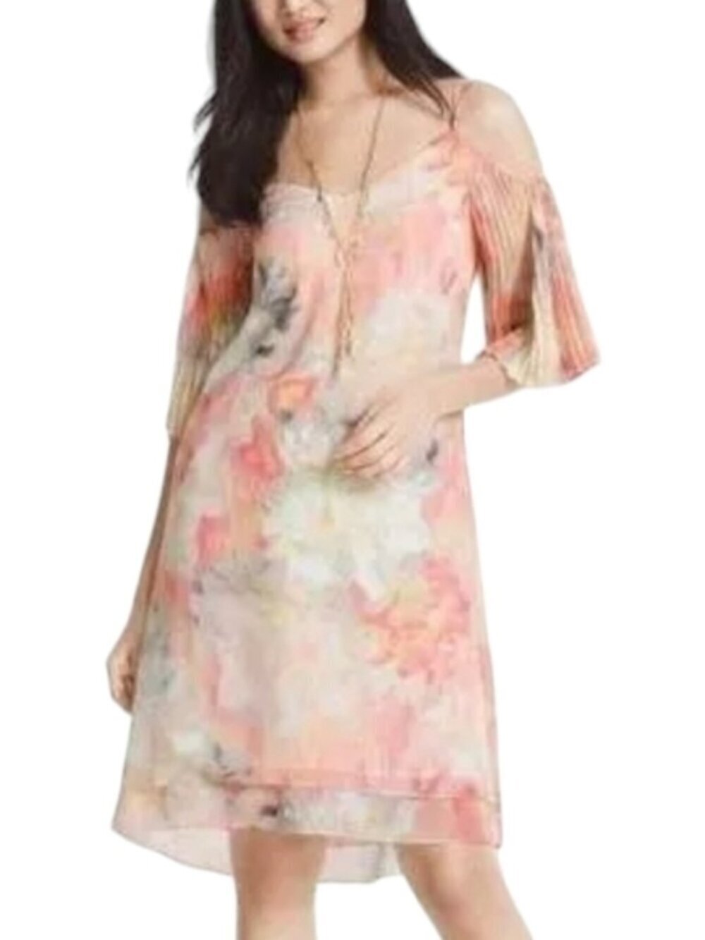 WHBM Chiffon Dress Size 10 Accordion Sleeves Cold Shoulder Lightweight Pastels